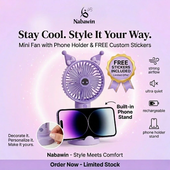 Cute Kawaii Mini Fan with Phone Holder & Free Stickers | Nabawin