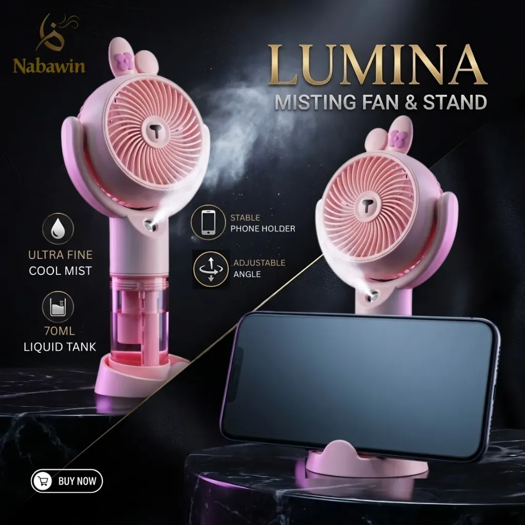 Mini Portable Misting Fan with Phone Holder – USB Rechargeable Cooling Fan Bangladesh | Nabawin